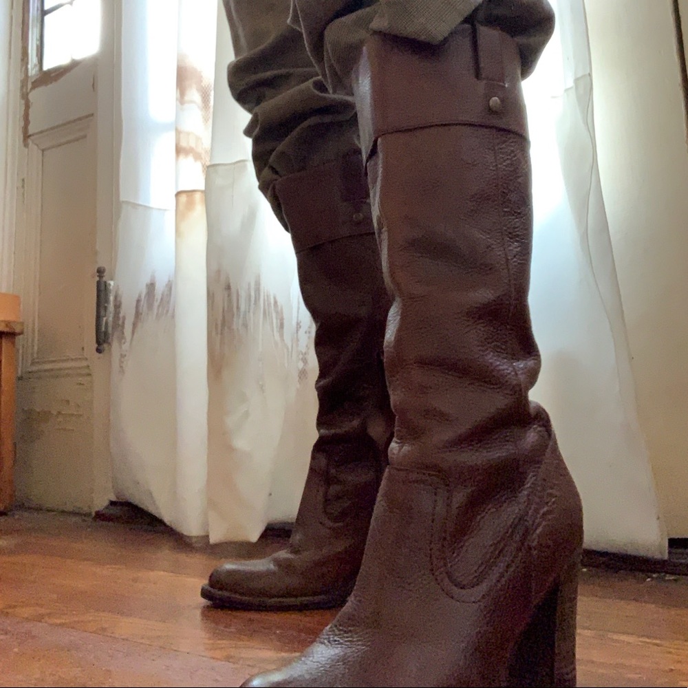 3-3.5” heeled mid calf brown leather boots